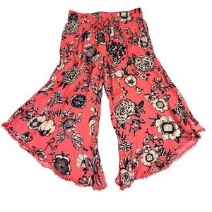 Mermaid Anthropologie M Coral Floral Wide Leg Pom Pom Trim Cropped Palazzo Pants